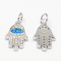 Платина Латунные микро проложить кубического циркония прелести, с синтетическим опалом, рука хамса / рука Фатимы / рука Мириам с конским глазом, платина, 14.5x10x1.5 мм, отверстие : 4 мм