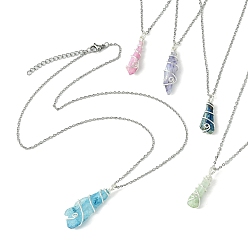 Нержавеющая Сталь Цвет Гальванические ожерелья с подвесками из натуральной кварцевой призмы и медной проволоки, с 304 кабельными цепочками из нержавеющей стали, разноцветные, цвет нержавеющей стали, 17.72 дюйм (45 см)