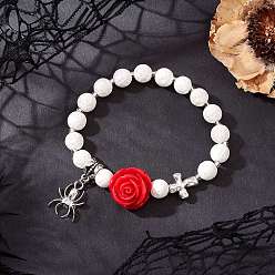 Лавовый камень Тематика хэллоуина натуральные и синтетические лавовые камни круглые бусины эластичные браслеты, Браслеты с подвесками из сплава в тибетском стиле для женщин, со смолевыми бусинами, внутренний диаметр: 2-1/8 дюйм (5.4 см), бусина : 9 mm