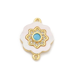 Цветок Подвески-коннекторы из латуни с микропаве из прозрачного кубического циркония и ракушки, с небесно-голубым стеклом, реальный 18 k позолоченный, цветок, 17.5x13x2.5 мм, отверстие : 1.2 мм