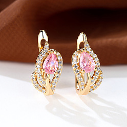 Ярко-Розовый Латунные микро проложить серьги обруча кубического циркония, слеза, золотой свет, ярко-розовый, 16x7 мм