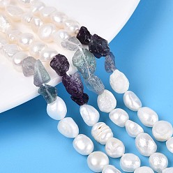 Флюорит Натуральные фиолетовые флюоритовые самородки и нити натуральных культивированных пресноводных жемчужин, 5.5~12x4.5~9x3.5~9 мм, отверстие : 0.8 мм, Жемчужина: 6~13x6~9x3.5~7.5 мм, отверстие : 0.6 мм, около 19~21 шт / нитка, 6.30~6.69 дюйм (16~17 см)