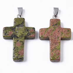 Унакит Природные подвески Unakite, со случайной защелкой из нержавеющей стали, крестик, 44~46x27~29x6~8 мм, отверстие : 4x8 мм