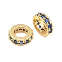 Blue Brass Micro Pave Cubic Zirconia European Beads, Large Hole Beads, Flat Round, Cadmium Free & Lead Free, Rack Plating, Long-Lasting Plated, Real 18K Gold Plated, Blue, 10x3mm, Hole: 5.5mm