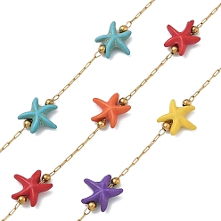 Золотой 304 кабельные цепи из нержавеющей стали, пайки, с синтетическими бирюзовыми звездчатыми бусинами, с катушкой, ионное покрытие (ip), пайки, золотые, 10x10x3.5 мм