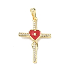 Red Brass Micro Pave Clear Cubic Zirconia Pendants, with Enamel, Cross with Heart Charms, Rack Plating, Long-Lasting Plated, Cadmium Free & Lead Free, Real 18K Gold Plated, Red, 23x29.5x3.5mm, Hole: 3.5x5.5mm