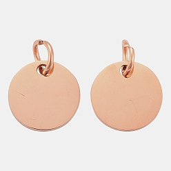 Розовое Золото Ионное покрытие (ip) 304 подвески из нержавеющей стали, с целью перехода в кольце, зеркальная полировка, плоский круглый шарм, штамповка пустой метки, розовое золото , 10x1 мм, отверстие : 3.5 мм
