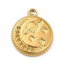 Настоящее золото 18K Ионное покрытие (ip) 304 подвески из нержавеющей стали со стразами, плоский круглый с планетой, реальный 18 k позолоченный, пригодный для стразов 1 мм, 17x14x2 мм, отверстие : 1.2 мм