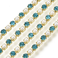 Aquamarine Brass Rhinestone Strass Chains, with ABS Plastic Imitation Pearl, Rhinestone Cup Chain, Grade A, Raw(Unplated), Aquamarine, 2x2mm, 4000pcs rhinestone/bundle, about 32.8 Feet(10m)/bundle