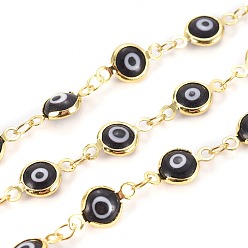 Black Handmade Evil Eye Lampwork Link Chains, Soldered, with Brass Findings, with Spool, Long-Lasting Plated, Flat Round, Golden, Black, 13x7x2.5mm, Hole: 1.5mm, about 32.8 Feet(10m)/roll