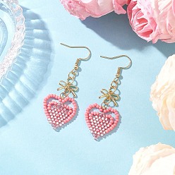 Pink Серьги-сердечки из стеклянных бусин ручной работы, со звеньями из сплава с бантом, золотые, розовые, 57x20~22 мм
