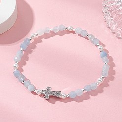 Аквамарин Натуральный аквамарин бисера браслеты простирания, Женские украшения с микропаве из латуни и кубическими циркониями, куб и крест, внутренний диаметр: 2.17 дюйм (5.5 см)