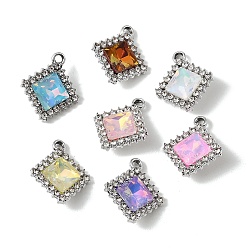 Platinum UV Plating Alloy Glass Pendants, Rhombus Charm, with Rhinestone, Faceted, Mixed Color, Platinum, 20x17.5x6mm, Hole: 1.8mm