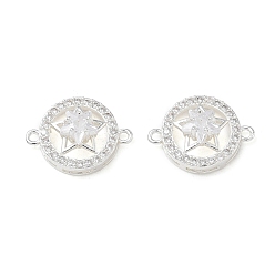 Argent Breloques de connecteur en laiton micro pavé de zircone cubique transparente, rond plat avec maillons étoiles, argenterie, 18.5x15.5x7.5mm, Trou: 1.2mm