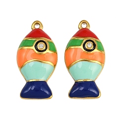 Оранжевый 304 эмалированная нержавеющая сталь с подвесками из стразов, рыбы прелести, ионное покрытие (ip), реальный 18 k позолоченный, оранжевые, 24x12x4 мм, отверстие : 1.4 мм