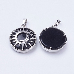 Black Agate Natural Black Agate Pendants, with Brass Findings, Flat Round with Sun & Moon, Platinum, 31x27.5x8mm, Hole: 5x7mm