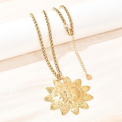 Солнце 304 кулон из нержавеющей стали с рельефным изображением человеческого лица, цепочка из пшеницы, ионное покрытие (ip), реальный 18 k позолоченный, солнце, 18.11 дюйм (46 см), Кулон : 49x48.5 мм