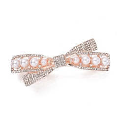 Roségold Legierung Kristall Strass Haarspangen, mit Glaswachsperlen, Schleife, Roségold, 30x75x23.5 mm