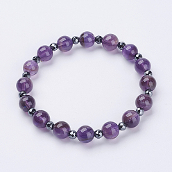 Amethyst Natürlichen Amethyst Stretch-Armbänder, Mit facettierten nichtmagnetischen synthetischen Hämatitperlen, 2-1/4 Zoll (57 mm)