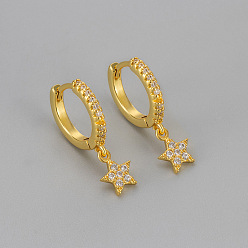 Golden Brass Micro Pave Clear Cubic Zirconia Hoop Dangle Earrings, Star, Golden, 19.8x6.2mm