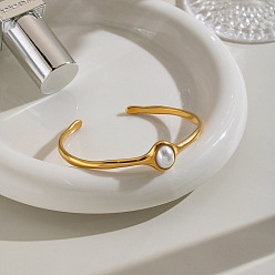 Pearl Imitation Pearl Oval 304 Stainless Steel Cuff Bangles for Women, Real 18K Gold Plated, Inner Diameter: 2.28 inch(5.8cm)