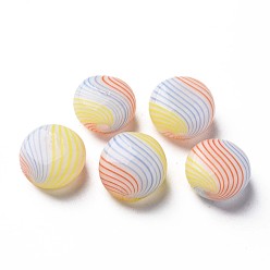 Orange Red Handmade Blown Glass Globe Beads, Stripe Pattern, Flat Round, Orange Red, 15~16x9~10mm, Hole: 0.8~1mm