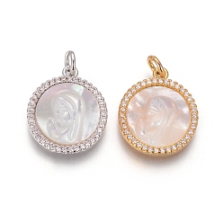 (52) Непрозрачная лаванда Латунные подвески, с микро проложить кубического циркония, раковины и прыжковые кольца, плоские круглые с Девой Марией, прозрачные, разноцветные, 18x15x3 мм, отверстие : 3 мм