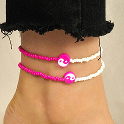 Темно-Розовый 2шт. наборы эластичных браслетов на ногу из полимерной глины и стеклянных бусин инь-янь для женщин, темно-розовыми, внутренний диаметр: 2-3/4 дюйм (70 мм)