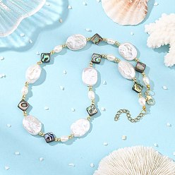 Seashell Color Natural Paua Shell Rhombus & Natural Baroque Keshi Pearl Oval Beaded Necklaces with 304 Stainless Steel End Chains, Golden, Seashell Color, 15.59 inch(39.6cm)