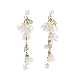 Others Flower Plastic Imitation Pearl Dangle Stud Earrings, Golden Alloy Chains Tassel Earrings, White, Small, 24~90mm