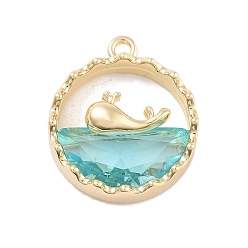 Настоящее золото 14K Стеклянные подвески из латуни с инкрустацией, плоский круглый с китом, долговечный, реальный 14 k позолоченный, 16x14x4.5 мм, отверстие : 1.2 мм
