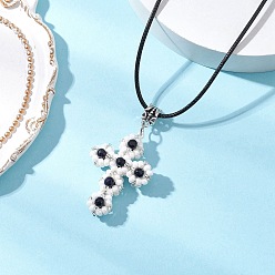 Белый Ожерелья с подвесками в виде креста из стеклянных бусин и синтетического синего золота, ожерелья из черного вощеного хлопкового шнура для женщин, белые, 17.60 дюйм (44.7 см)