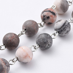 Zebra Jasper Handmade Natural Zebra Jasper Round Beaded Chains, Unwelded, with Platinum Plated Iron Eye Pins, 39.37 inch(100cm), Beads: 8~8.5mm, 1m/strand