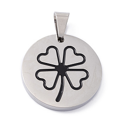 Couleur Acier Inoxydable Pendentifs en acier inoxydable, avec l'émail, polir, plat rond avec le trèfle, couleur inox, 304mm, Trou: 25x3mm