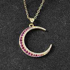 Настоящее золото 18K Латунные микропаве ярко-розовые кубические цирконии лунные подвески ожерелья для женщин, реальный 18 k позолоченный, 17.72 дюйм (45 см), удлинитель: 49 мм