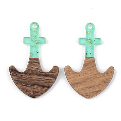 Pale Turquoise Transparent Resin & Walnut Wood Pendants, with Gold Foil, Anchor, Pale Turquoise, 38x24.5x3mm, Hole: 2mm