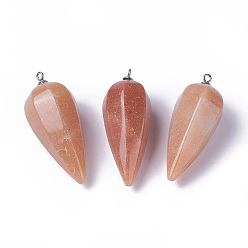 Красный Авантюрин Натуральные красные авантюриновые подвески, фурнитура из нержавеющей стали , конус, цвет нержавеющей стали, 50~53x19~21 мм, отверстие : 2 мм