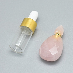 Rose Quartz Faceted Natural Rose Quartz Openable Perfume Bottle Pendants, with Brass Findings and Glass Essential Oil Bottles, 40~43x21~23x12~13mm, Hole: 0.8mm, Glass Bottle Capacity: 3ml(0.101 fl. oz), Gemstone Capacity: 1ml(0.03 fl. oz)