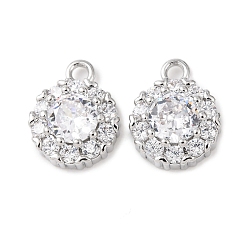 Платинированный Латунные микропаве прозрачные подвески с фианитом, круглые подвески, Реальная платина, 12x9x4 мм, отверстие : 1.6 мм