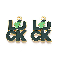 Темно-Зеленый Подвески из сплава с эмалью ко Дню Святого Патрика, словесные талисманы удачи, золотые, темно-зеленый, 24x18x1 мм, отверстие : 1.8 мм