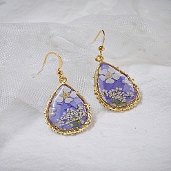 Teardrop Серьги-подвески из сплава эпоксидной смолы с засушенными цветами, золотые, слеза, 30x20 мм