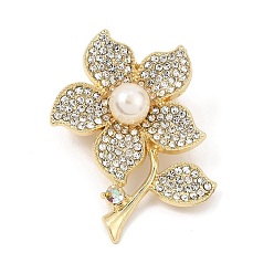 Golden Flower Alloy Rhinestone Lapel Pin Brooches, with Plastic Imitation Pearl, Golden, 51x36mm