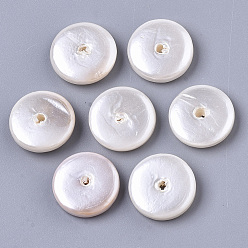 Creamy White Spray Painted Shell Pearl Beads, Flat Round, Creamy White, 14x4mm, Hole: 1~1.6mm