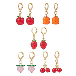 Mixed Color Fruit Handmade Lampwork Pendants Dangle Earrings, with Brass Leverback Earring Findings, Golden, Apple/Peach/Cherry/Persimmon/Strawberry Pattern, Mixed Color, 34~36.5mm, Pendants: 15~22x12~18x10~14mm, Pin: 0.8mm