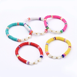 Mixed Color Stretch Bracelets, with Handmade Polymer Clay Heishi Beads, Heart Natural Sea Shell Beads and Round Brass Beads, Mixed Color, 2-1/4 inch(5.6cm)