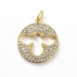 Golden Brass Micro Pave Cubic Zirconia Pendants, with Jump Rings, Flat Round with Bird, Clear, Golden, 18x16x2mm, Hole: 3.4mm