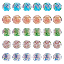 Mixed Color 30Pcs 5 Color Handmade Inner Flower Gold Sand Lampwork Round Bead Strands, Mixed Color, 12~12.5x10.5~12mm, Hole: 1.5~2mm