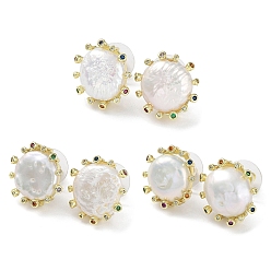 Golden Rack Plating Brass Stud Earrings, Natural Pearl & Cubic Zirconia
 Sun Earrings, Long-Lasting Plated, Golden, 18.5~20x16.5~18mm
