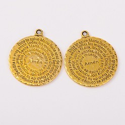 Античное Золото Сплавочные подвески тибетского стиля, без свинца и без кадмия, плоские круглые с молитвы Господней для католицизма, античное золото , 36x32x2 мм, отверстие : 4 мм