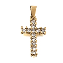 Golden Ion Plating(IP) 304 Stainless Steel Rhinestone Pendants, Cross Charms, with 201 Stainless Steel Snap On Bails, Golden, 27x15.5x3mm, Hole: 6x3.5mm